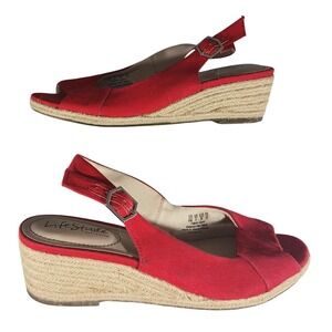 Life Stride Socialite Red Canvas‎ Espadrille Wedge Sandals Size 8M Adjustable